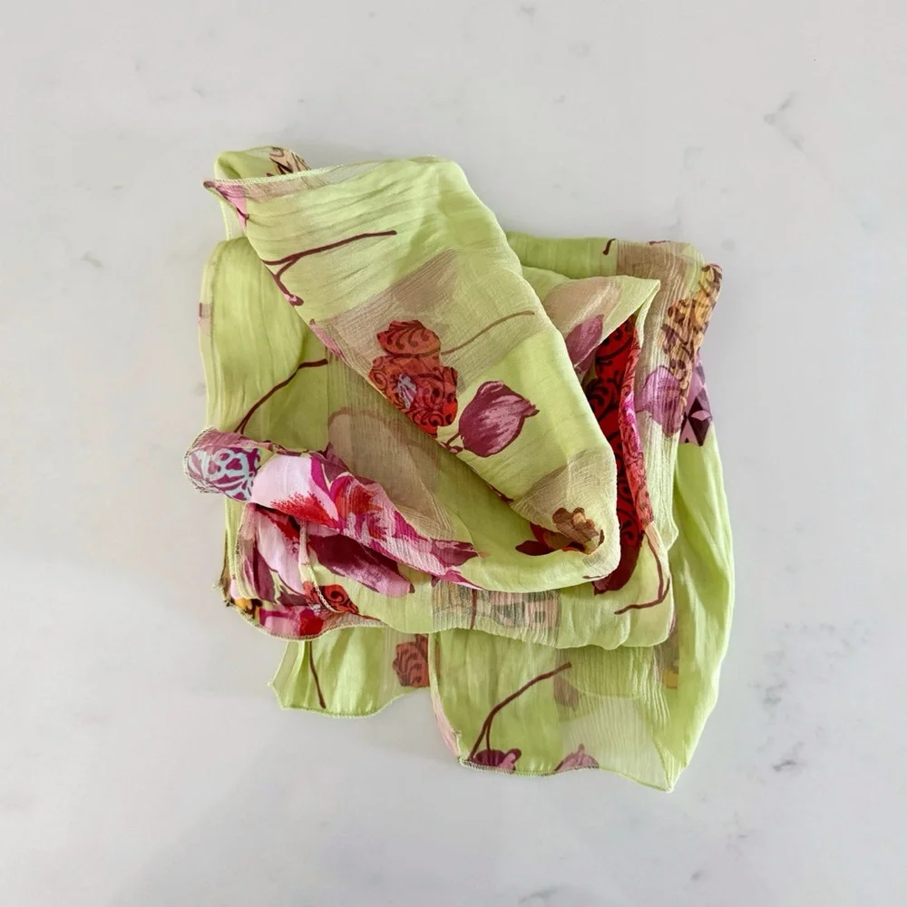 90s Vintage Marcrozier Paris Floral Print Silk Oblong Scarf Wrap, Green & Pink